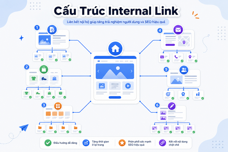 Sơ đồ minh họa cấu trúc internal link trên website với các trang kết nối nội bộ