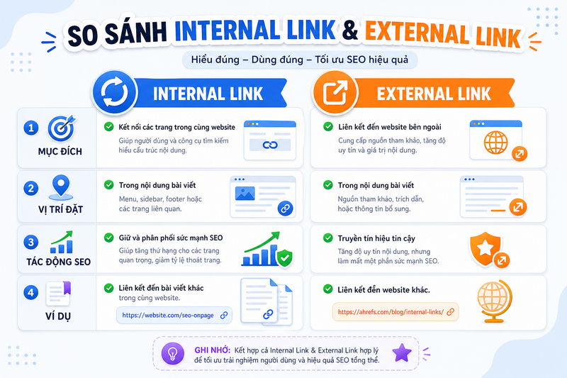 Bảng so sánh trực quan giữa internal link và external link về mục đích và tác động