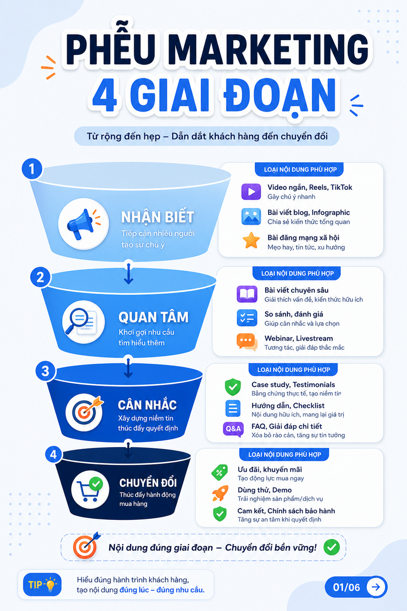 Phễu hành trình khách hàng với nội dung phù hợp từng giai đoạn