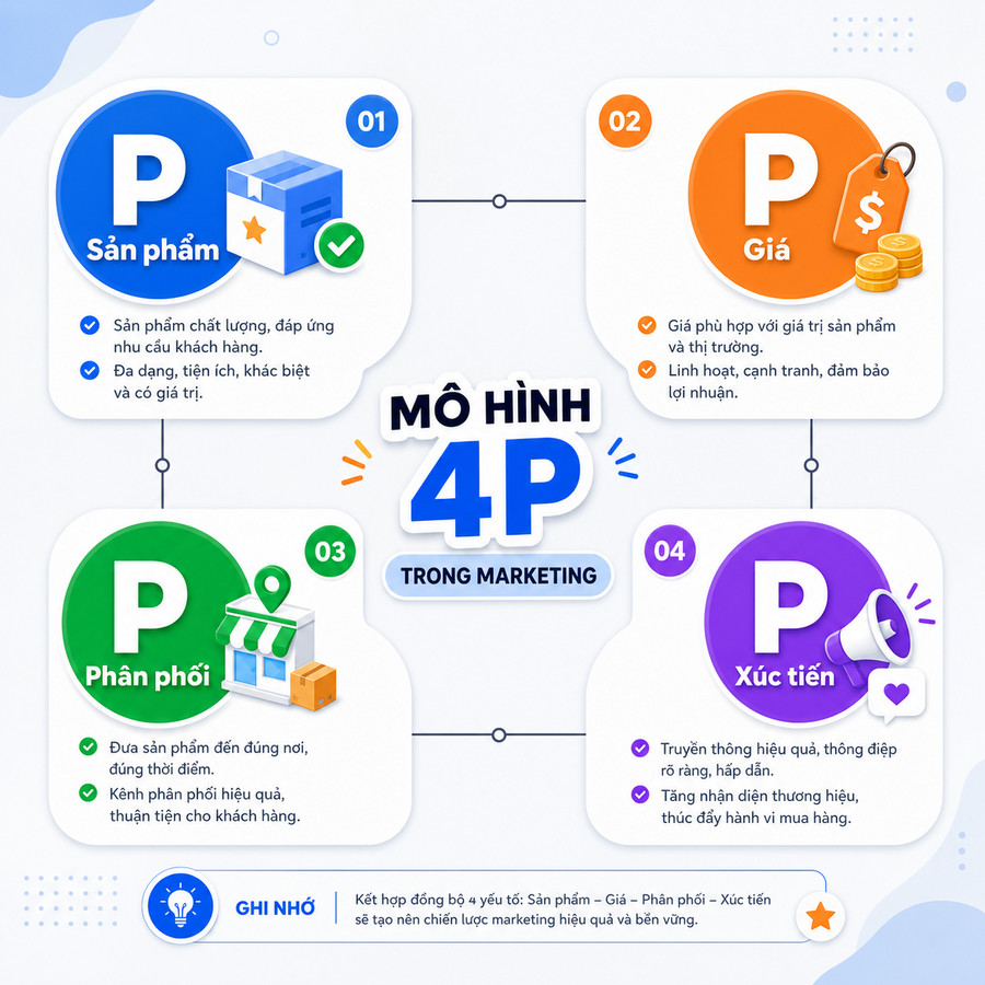 Sơ đồ mô hình 4P trong Marketing với bốn yếu tố Product Price Place Promotion kết nối với nhau
