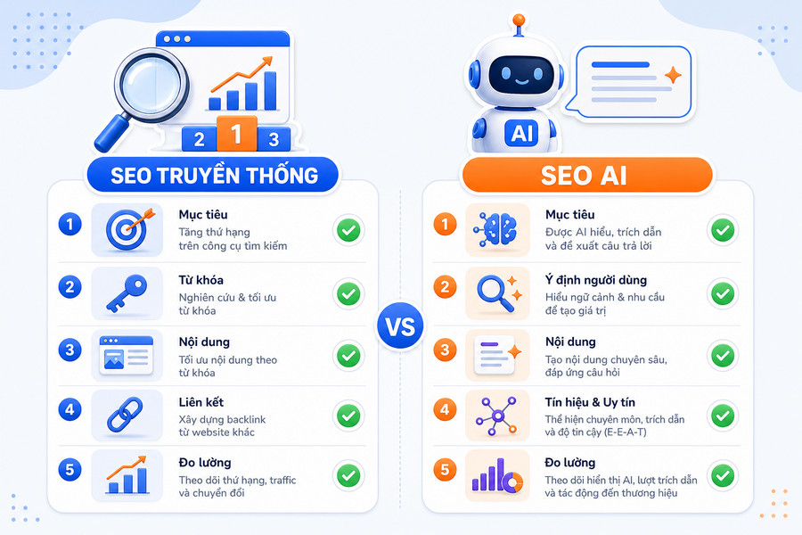 Sơ đồ so sánh SEO truyền thống và SEO AI với các yếu tố tối ưu khác nhau