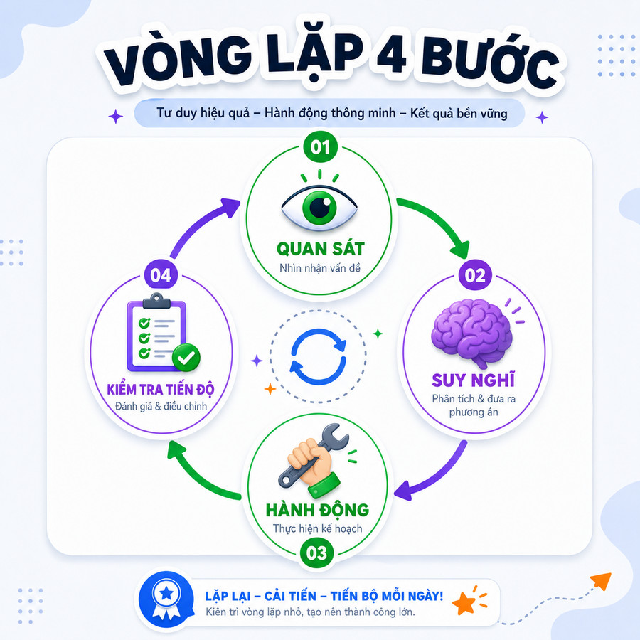 Vòng lặp hoạt động của AI Agent gồm 4 bước liên tục