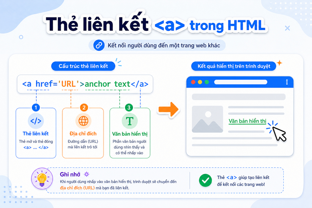 Minh họa cấu trúc anchor text trong HTML với các thành phần thẻ a, href và văn bản hiển thị