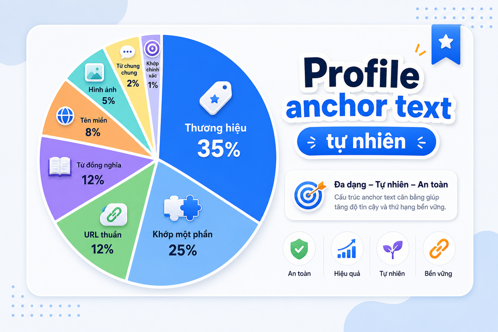 Biểu đồ tròn phân bổ tỷ lệ các loại anchor text trong chiến lược SEO bền vững