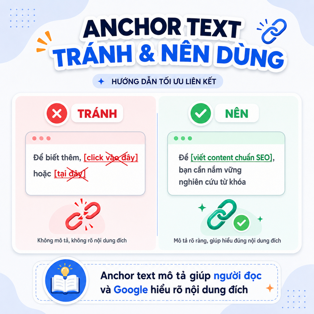 Ví dụ so sánh anchor text nội bộ kém và tối ưu trong cùng một đoạn văn