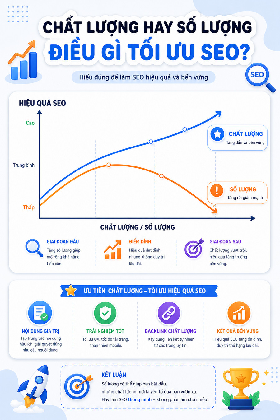Biểu đồ đường thể hiện mối quan hệ giữa chất lượng và số lượng backlink với hiệu quả SEO