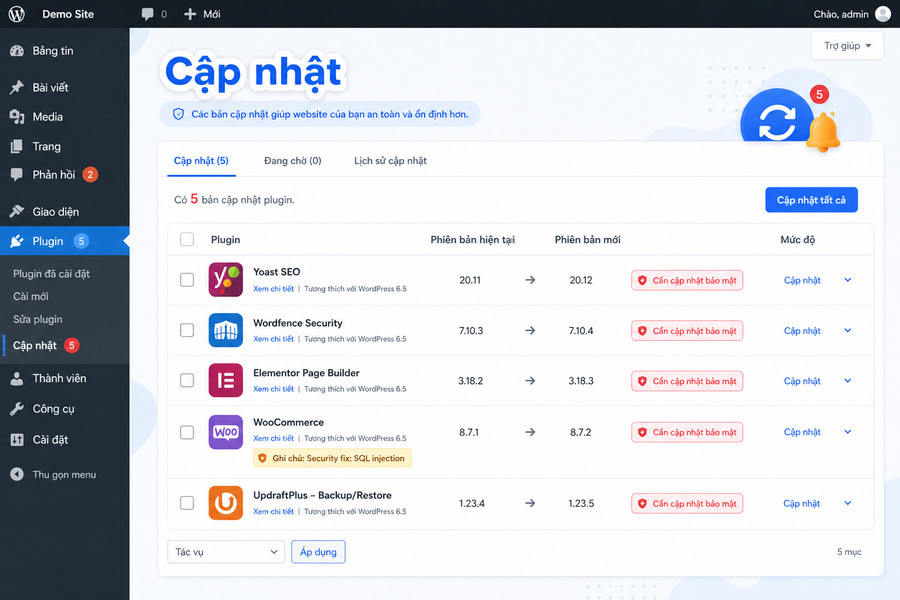 Giao diện quản trị WordPress hiển thị trang cập nhật với nhiều plugin cần cập nhật bảo mật