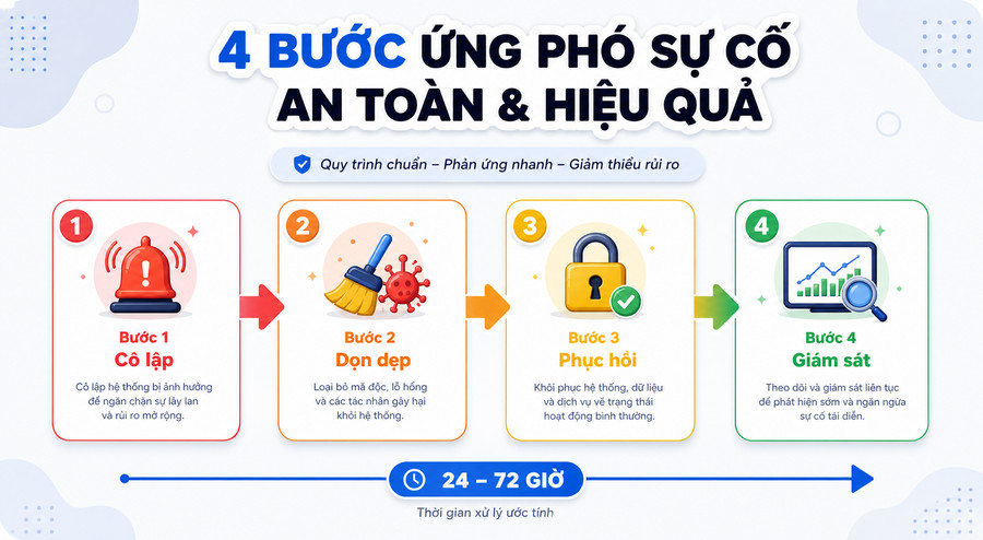 Timeline quy trình xử lý sự cố bảo mật WordPress từ phát hiện đến phục hồi hoàn toàn