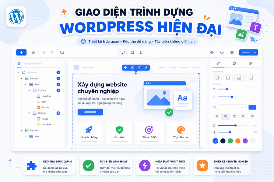 Giao diện editor của Bricks Builder với bảng điều khiển cấu trúc bên trái