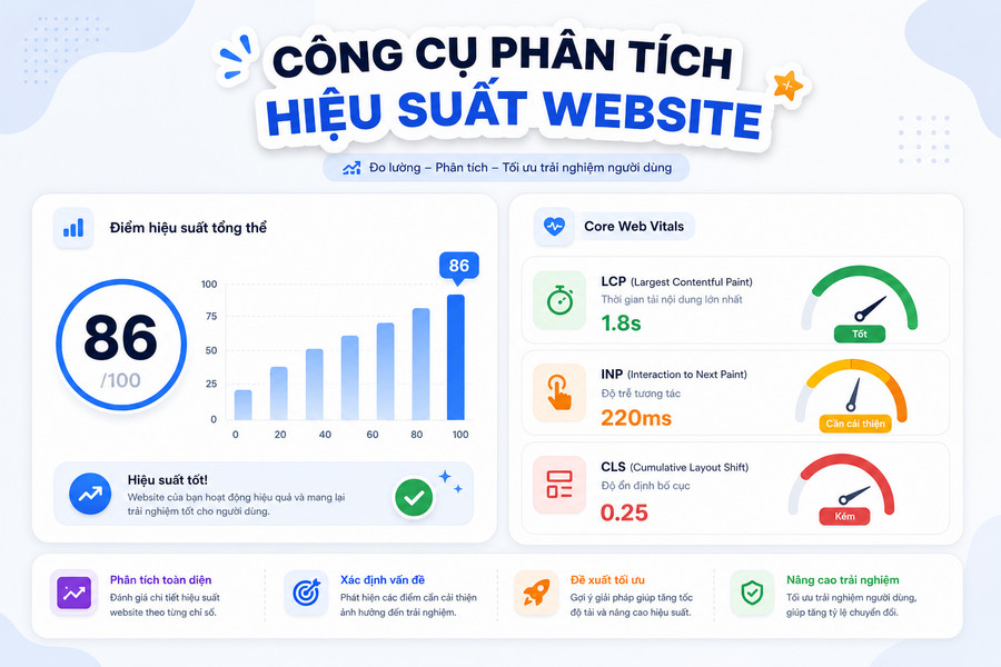 Giao diện PageSpeed Insights hiển thị chỉ số Core Web Vitals với màu xanh, vàng, đỏ
