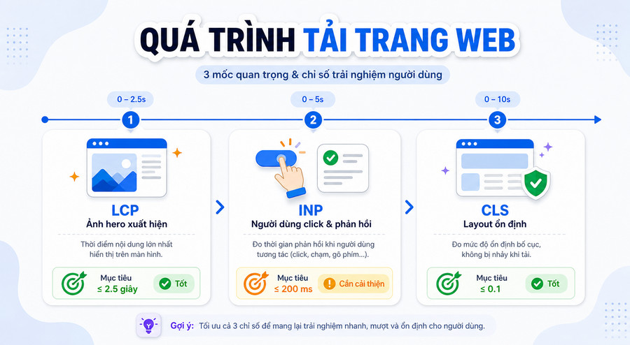 Timeline minh họa 3 chỉ số Core Web Vitals: LCP, INP, CLS trên dòng thời gian tải trang