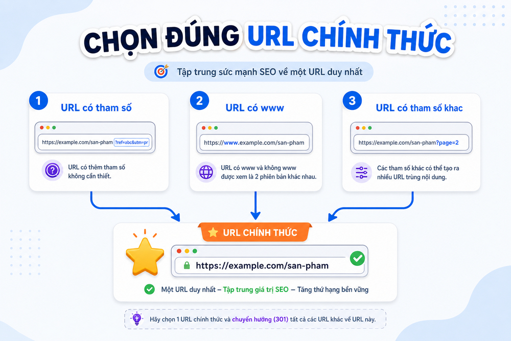 Minh họa cách thẻ canonical chỉ định URL chính thức từ nhiều phiên bản trùng lặp