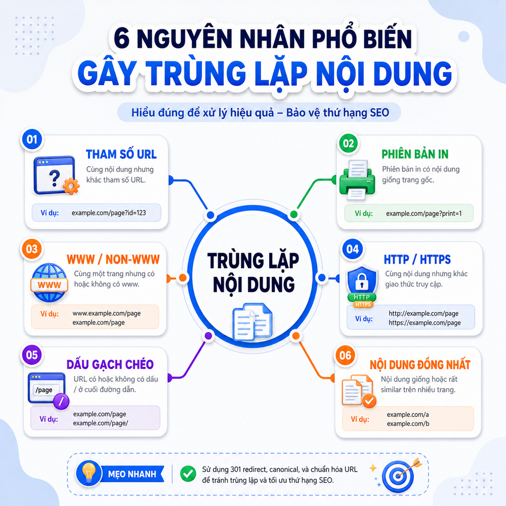 Sơ đồ các nguồn gốc gây trùng lặp nội dung website phổ biến