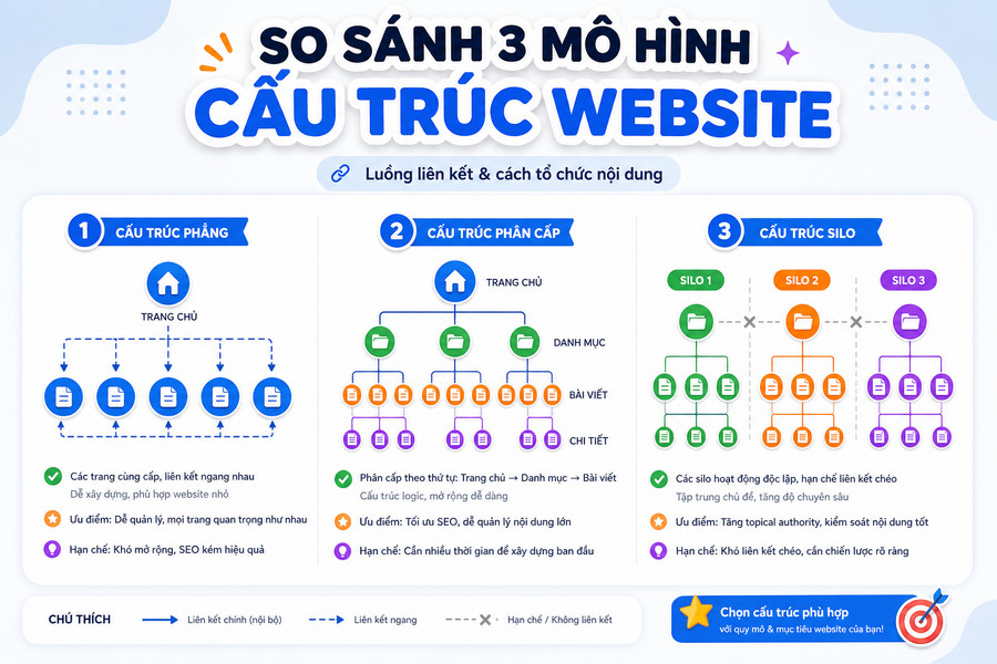 So sánh 3 loại cấu trúc website phẳng, phân cấp và silo