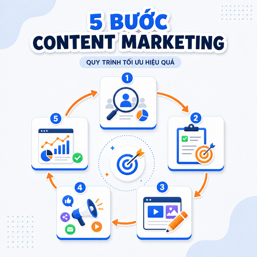 Sơ đồ quy trình Content Marketing từ nghiên cứu đến chuyển đổi khách hàng