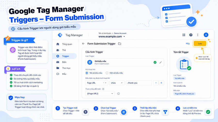 Giao diện Google Tag Manager với trigger cấu hình theo dõi form submit