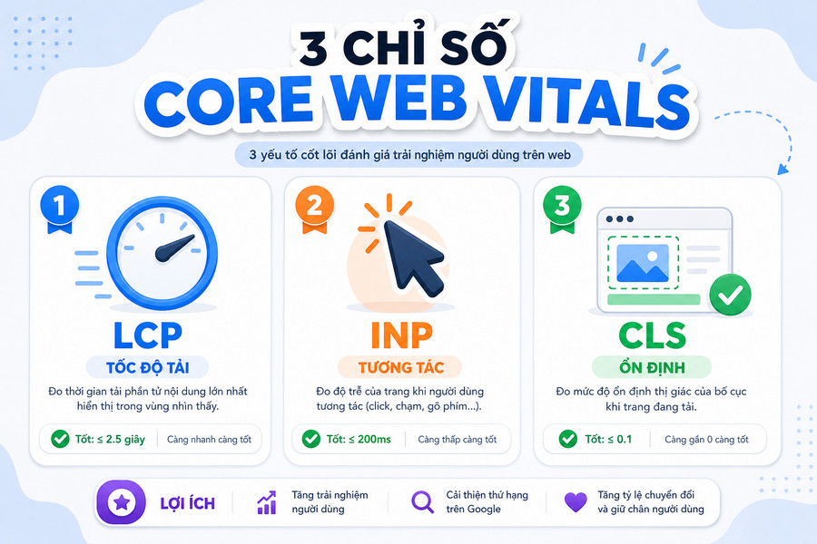Infographic giải thích 3 chỉ số Core Web Vitals LCP INP CLS