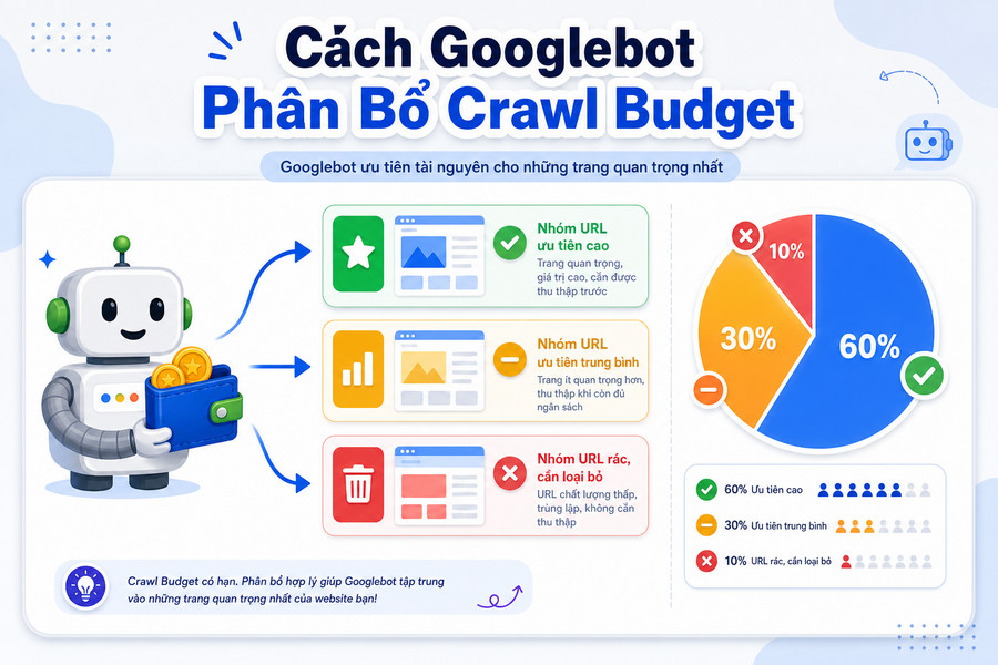 Sơ đồ minh họa cách Googlebot phân bổ crawl budget trên website