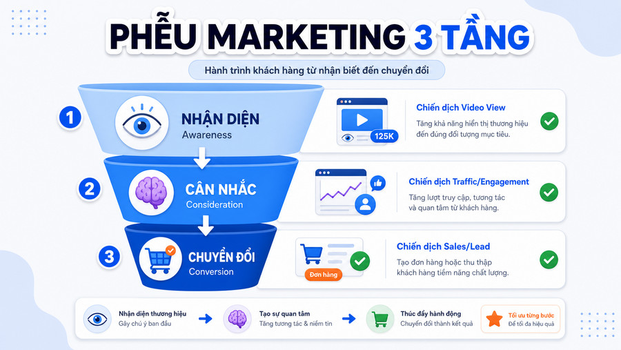 Sơ đồ phễu quảng cáo trả phí từ nhận diện đến chuyển đổi với các loại chiến dịch tương ứng