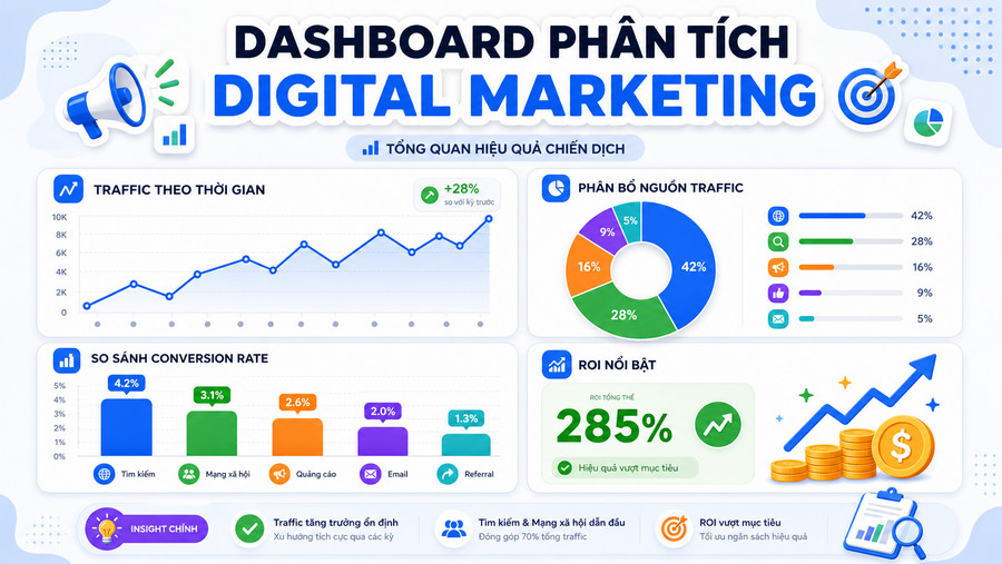 Dashboard phân tích dữ liệu Digital Marketing với các chỉ số traffic, conversion, ROI
