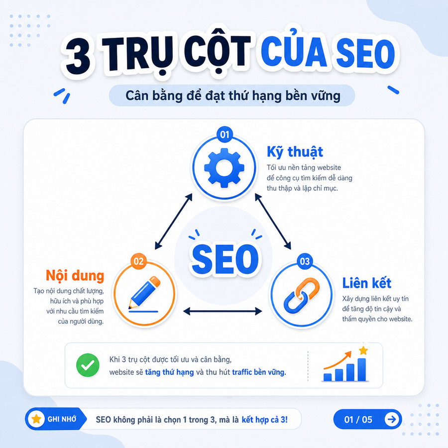 Minh họa 3 trụ cột SEO kỹ thuật nội dung và liên kết
