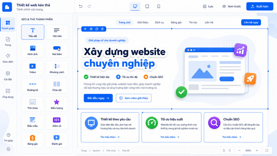Giao diện chỉnh sửa Elementor với sidebar widget bên trái và vùng xem trước trang web bên phải