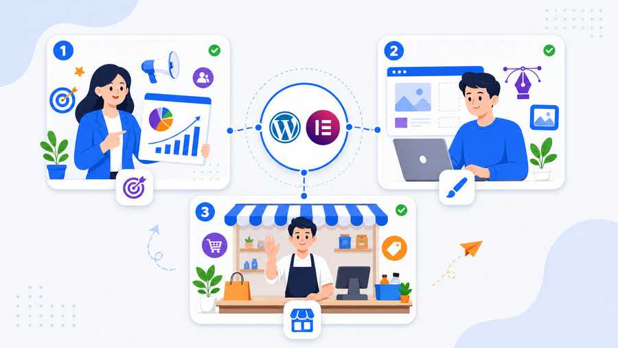 Nhóm người dùng khác nhau sử dụng Elementor gồm marketer, freelancer và chủ doanh nghiệp nhỏ