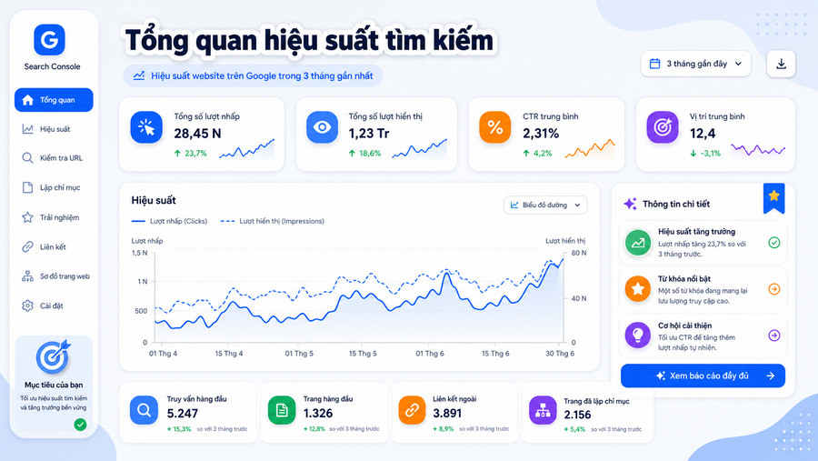 Giao diện tổng quan Google Search Console với các báo cáo chính
