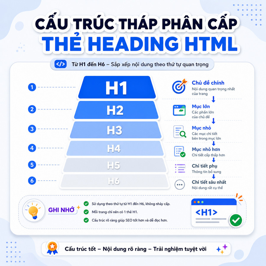Cấu trúc phân cấp thẻ heading từ H1 đến H6 trong HTML