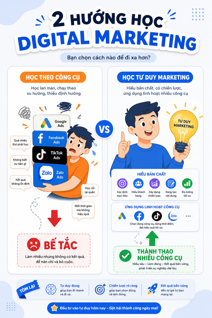Infographic so sánh hai cách học Digital Marketing – học công cụ trước dẫn đến bế tắc, học tư duy trước dẫn đến thành thạo nhiều công cụ