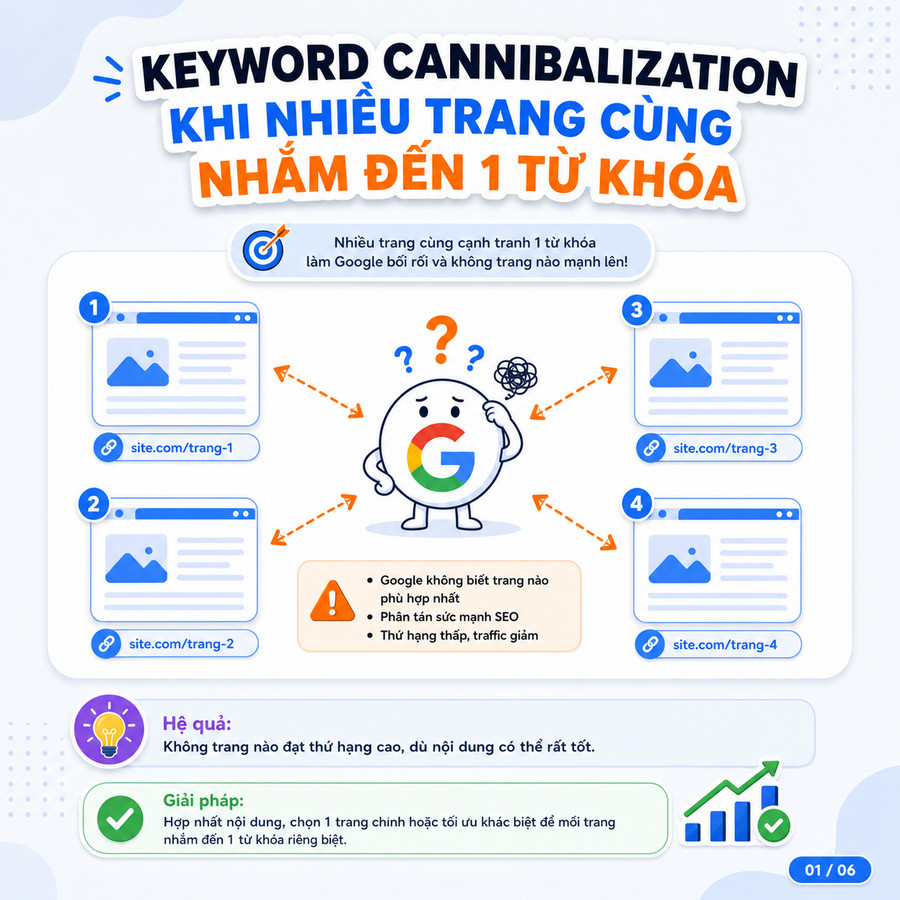 Minh họa keyword cannibalization khi nhiều URL cùng website cạnh tranh một từ khóa