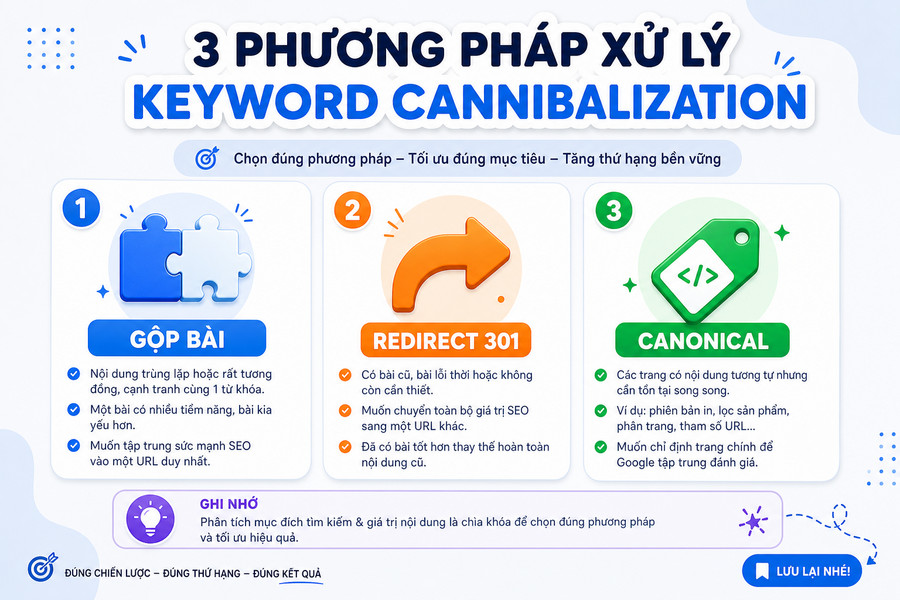 So sánh 3 phương pháp xử lý cannibalization: merge, redirect và canonical