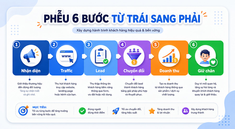 Sơ đồ phân nhóm KPI Digital Marketing theo 6 giai đoạn mục tiêu kinh doanh