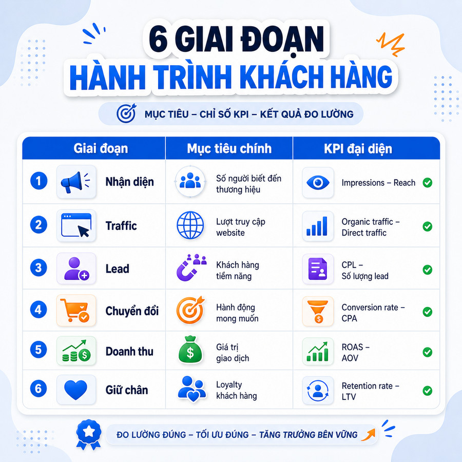 Bảng so sánh 6 nhóm KPI Digital Marketing theo từng mục tiêu kinh doanh