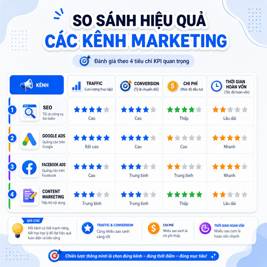 Bảng so sánh KPI quan trọng nhất theo 4 kênh Digital Marketing phổ biến