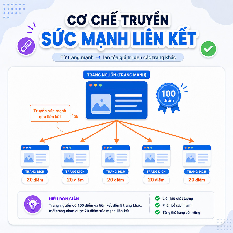 Sơ đồ minh họa cơ chế truyền link juice giữa các trang web
