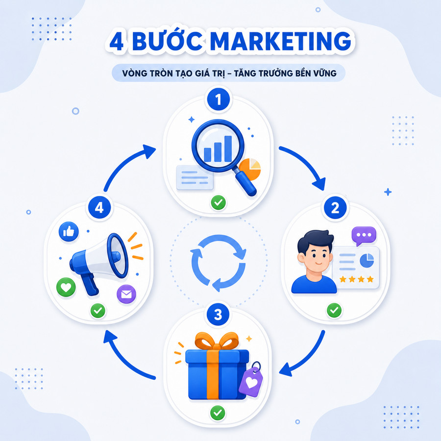 Sơ đồ bản chất marketing gồm 4 bước hiểu thị trường, hiểu khách hàng, tạo giá trị và truyền thông giá trị