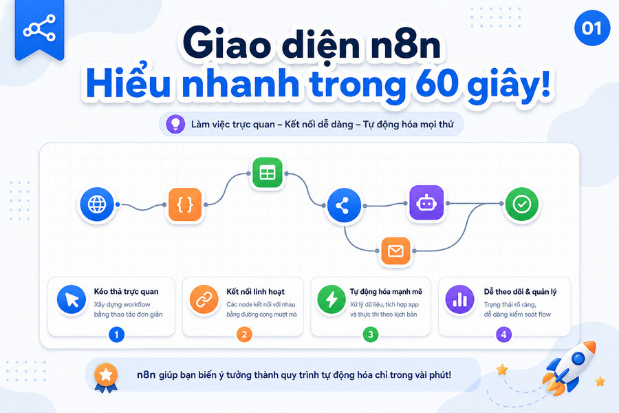 Giao diện trực quan của n8n với các node kết nối thành workflow