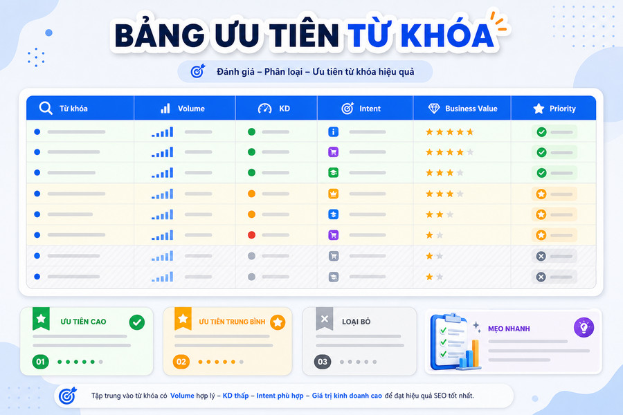 Ví dụ thực tế bảng phân tích từ khóa cho dịch vụ SEO với đầy đủ chỉ số