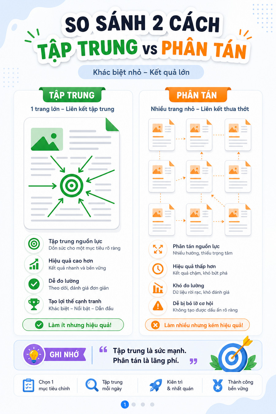 Biểu đồ so sánh giá trị SEO tập trung và phân tán do pagination
