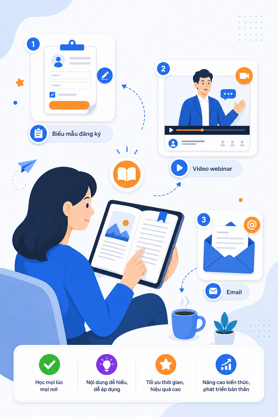 Minh họa giai đoạn quan tâm trong phễu Marketing với nội dung giáo dục