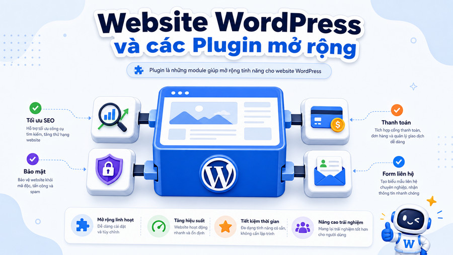 Minh họa plugin WordPress như các module cắm thêm vào website