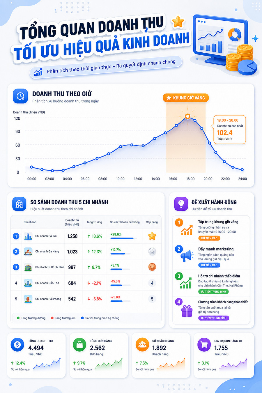 Dashboard phân tích dữ liệu bán hàng với insight hành động rõ ràng