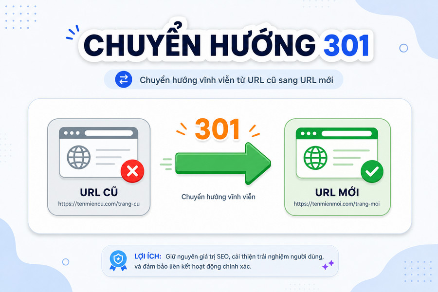 Sơ đồ minh họa cách redirect 301 hoạt động từ URL cũ sang URL mới
