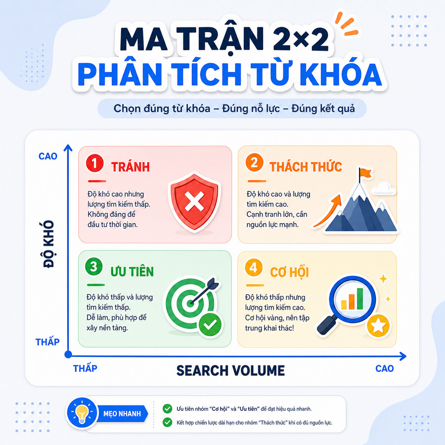 Ma trận 4 ô phân loại từ khóa theo search volume và độ khó