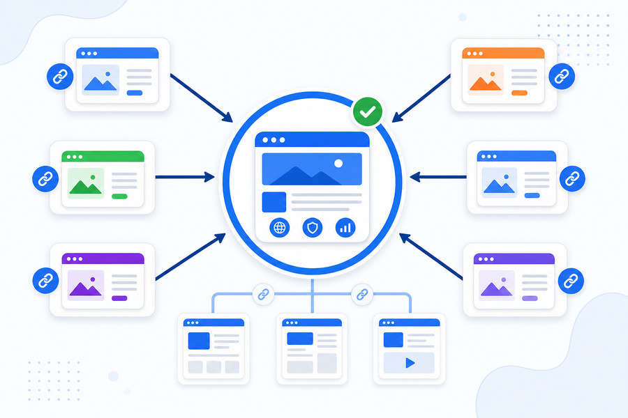 Minh họa cấu trúc liên kết internal link và backlink trong SEO