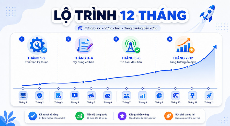 Timeline phát triển SEO từ 0-12 tháng với các cột mốc quan trọng