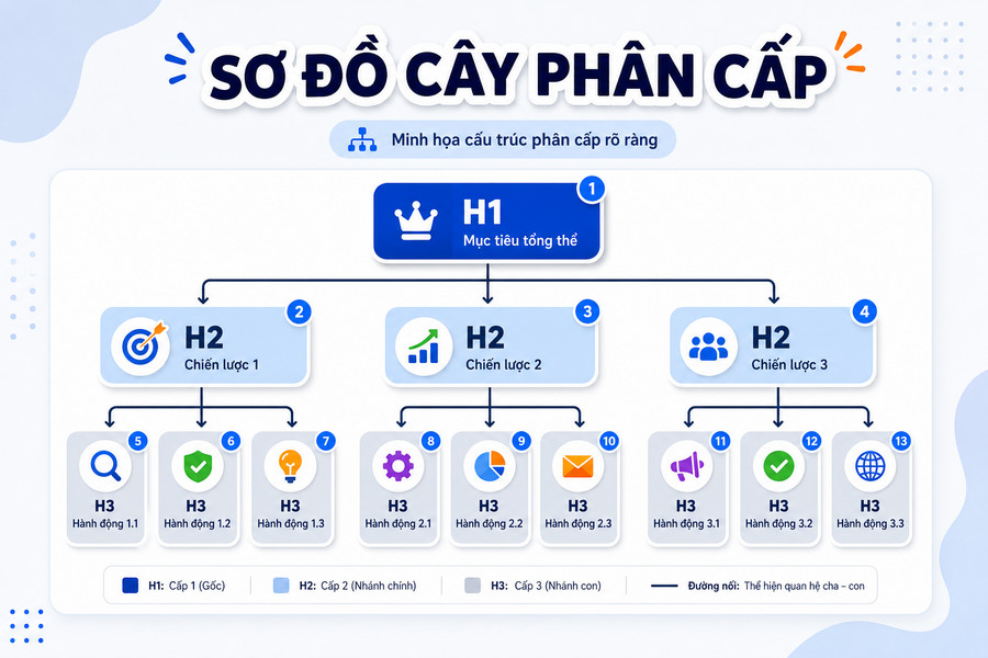 Sơ đồ cấu trúc heading H1 H2 H3 trong bài viết chuẩn SEO