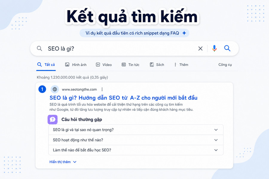 Ví dụ rich snippet hiển thị câu hỏi FAQ trên Google Search