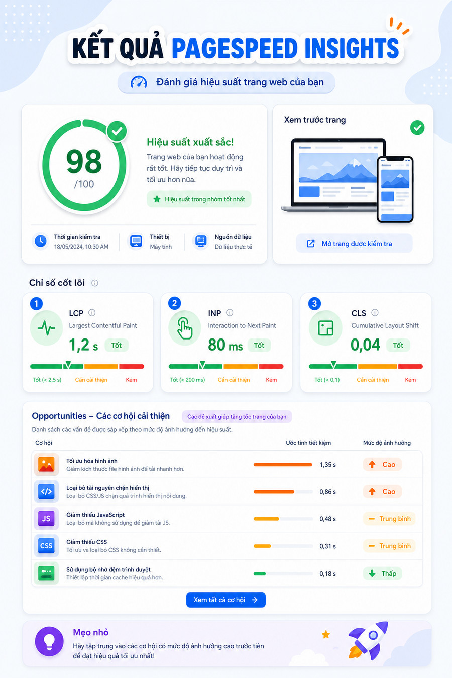 Dashboard Google PageSpeed Insights hiển thị điểm số Core Web Vitals